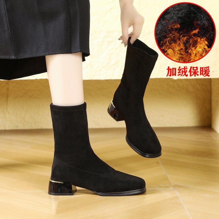 Low Heel Short Boots Black Skinny Boots New Autumn and Winter Square Head Back Zipper Suede Elastic Boots