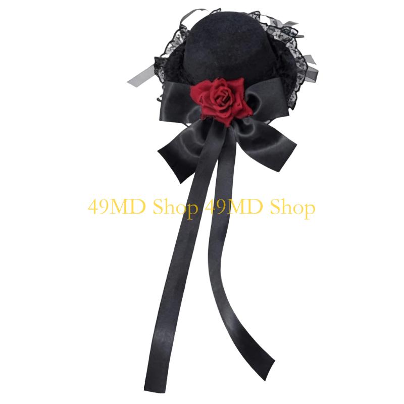 

49MD Lace Trim Rose Flower Hat Barrette Anime Event Hair Decoration Side Hair Clip For Halloween Special Occasion Dressingup