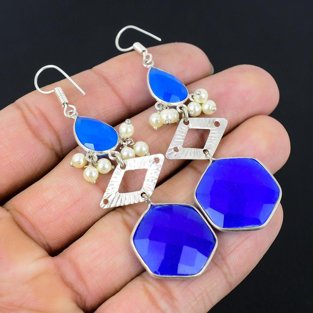 Natural Blue Sapphire 925 Silver Dangle Third Eye Chakra Sister Earrings Jewelry