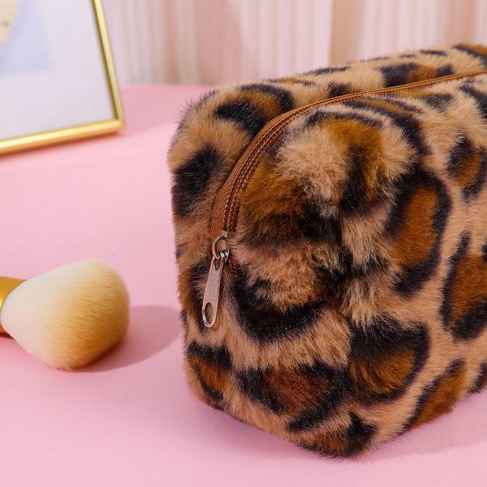 Large Capacity Leopard Print Plush Makeup Bag Cosmetic Storage Bag Zipper Toiletry Bag Wash Pouch Travel Organizer