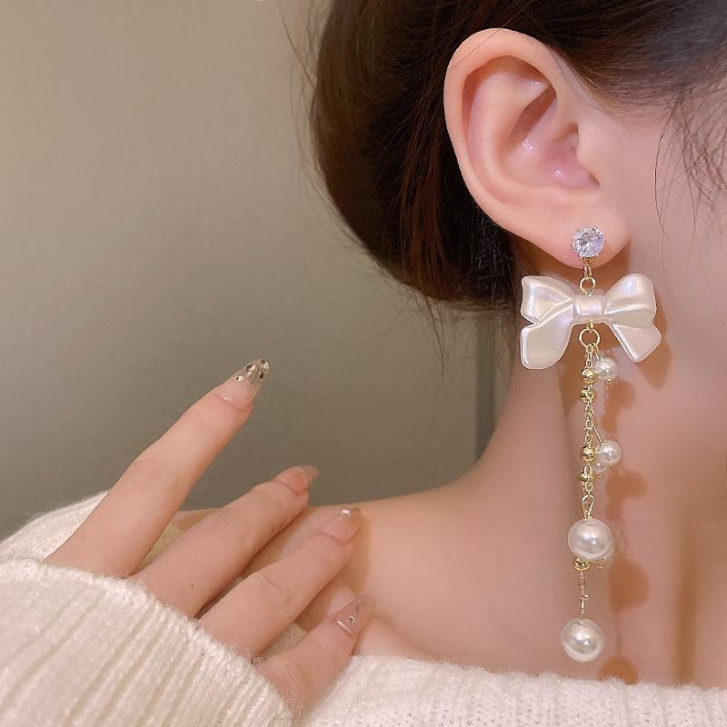 Korean Simple Imitation Pearl White Bowknot Long Tassel Earring for Women Personality Geometry Ear Jewelry Korean Fashion