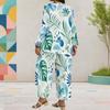 Women Plus Size Tropical Leaf Printed Round Neck Long Sleeve Layered Top Wide Leg Cropped Pants Two Piece Set
