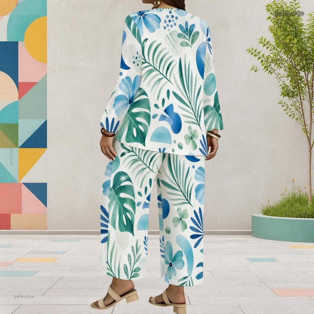 Women Plus Size Tropical Leaf Printed Round Neck Long Sleeve Layered Top Wide Leg Cropped Pants Two Piece Set