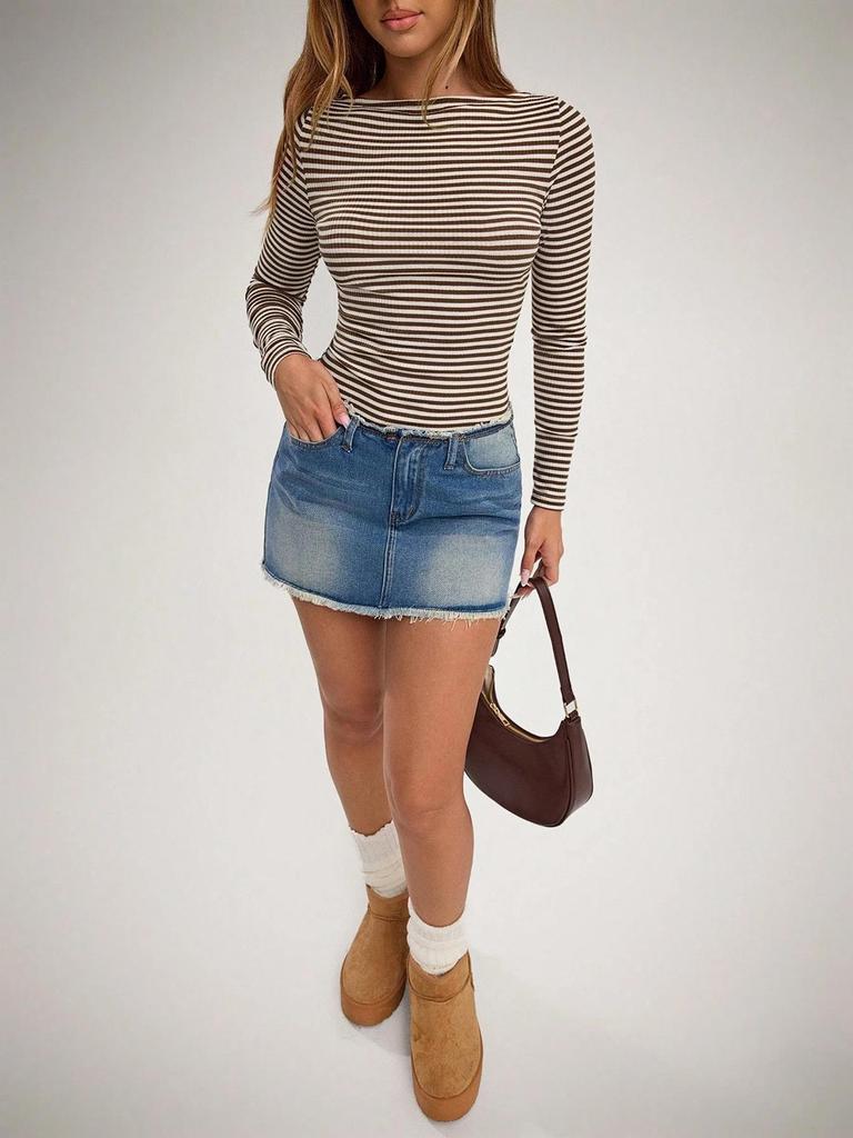 Women's Slim Fit Casual Striped Long-Sleeve Autumn Base Layer Top