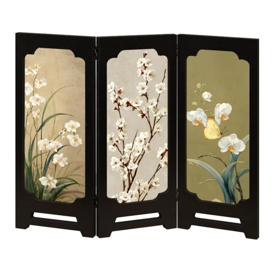 Yousheng Mini Floral Folding Screen Rustic 3 Panel Room Dividers Chinese Style Vintage Desktop Folding Screen Feng Shui Ornaments for Home Table Decor
