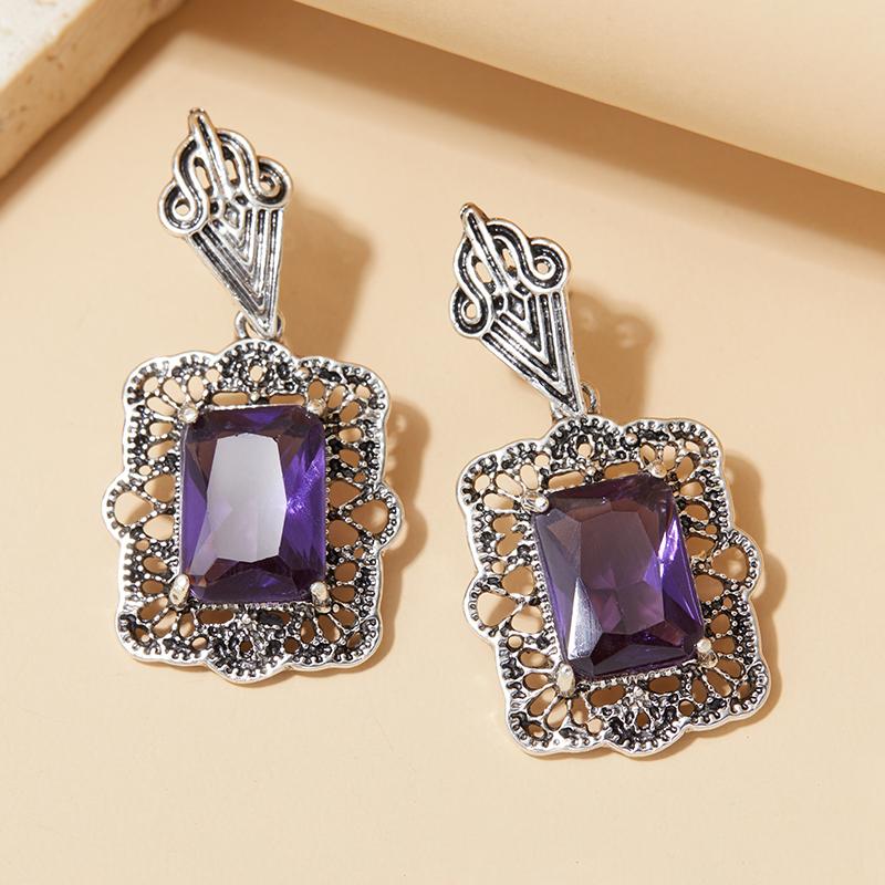 Palace Pattern Retro Women's Charm Purple Zircon Pendant Earrings Elegant Fashion Banquet Party Zircon Holiday Gift