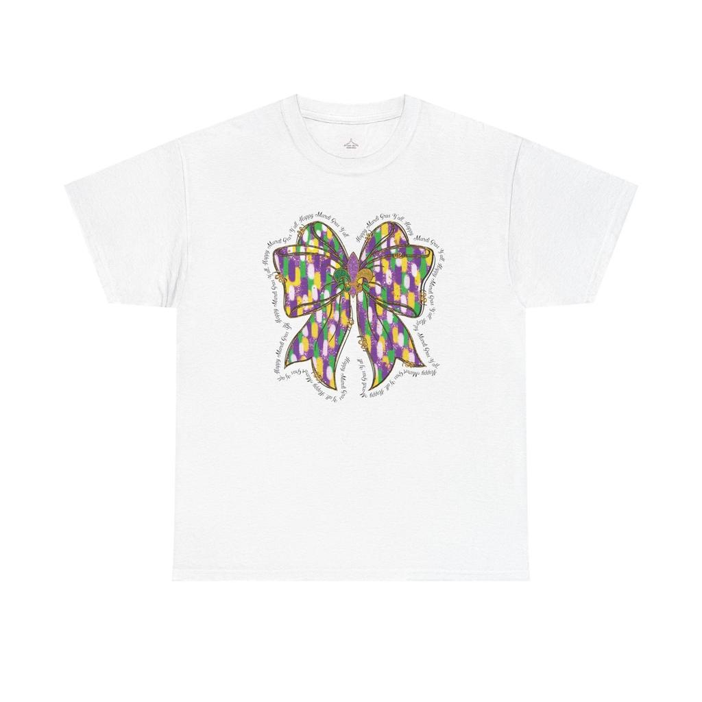 Colorful Bow Mardi Gras Y'all Graphic Tee, Fun Cotton Shirt for All Occasions,