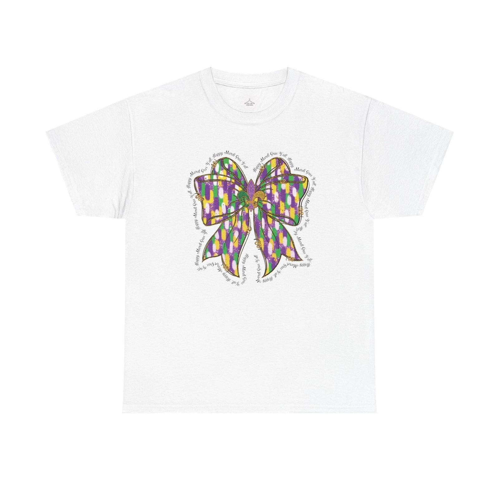 

Colorful Bow Mardi Gras Y all Graphic Tee, Fun Cotton Shirt for All Occasions, 4XL