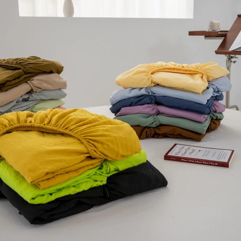 Soft Cotton Fitted Sheet Single Double Bed Mattress Cover with Elastic Band Bed Sheet Bed Linens Solid Color Sheet Mattress Topper