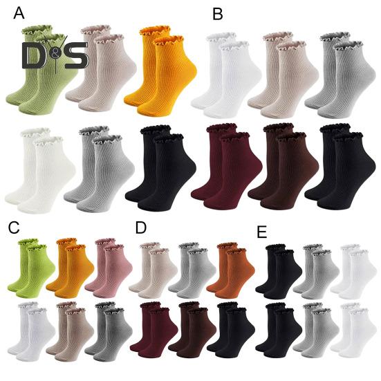 6 Pairs Women Socks Ruffle Edge Solid Color Anti-slip High Elasticity Ankle Length Low-cut Daily Sport Socks Great Gift for Mom Wife Daughter