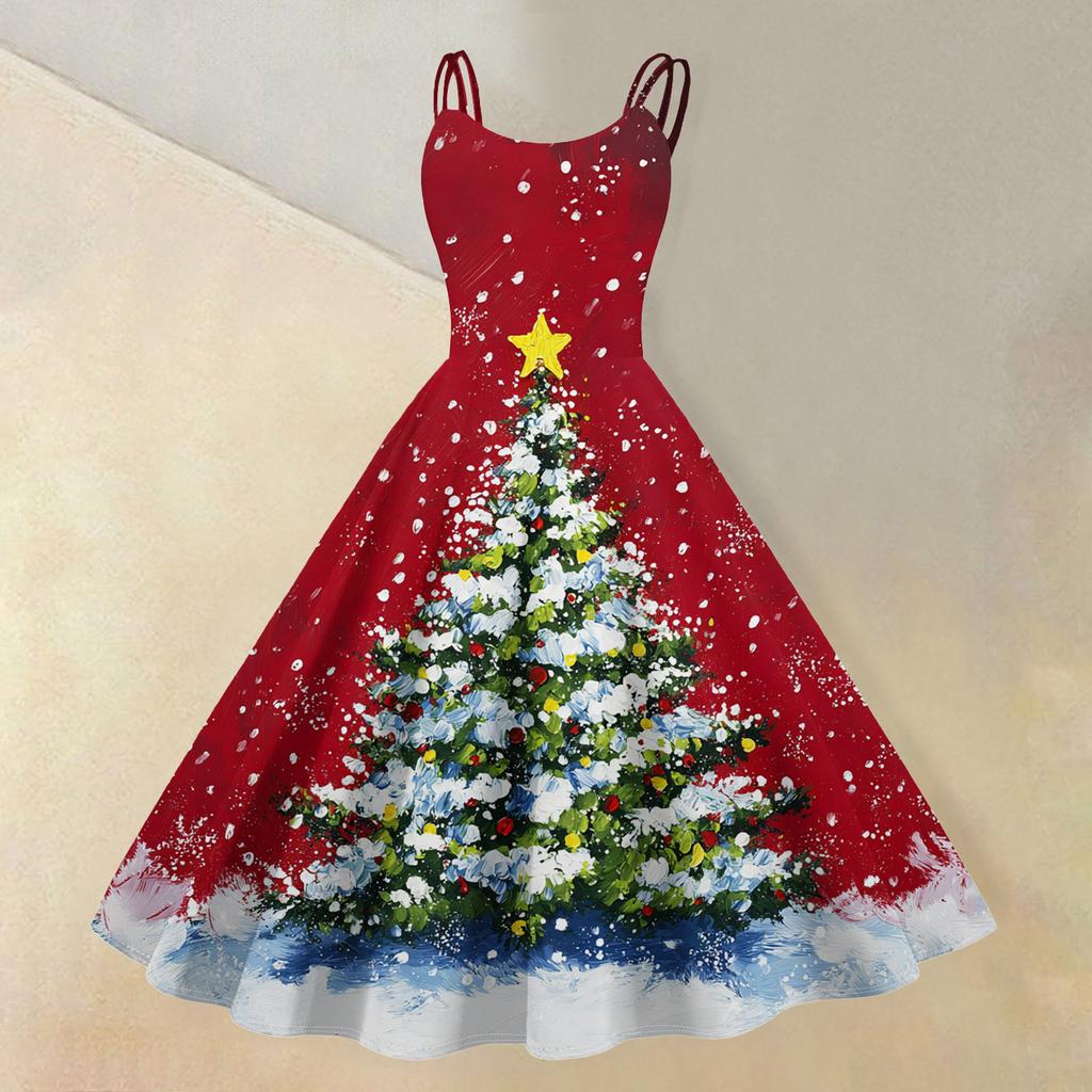 (veselé Vánoce) Dámské ležérní módní šaty s vánočním potiskem sněhové vločky/vánočního stromku/sněhuláka, s kulatým výstřihem, retro