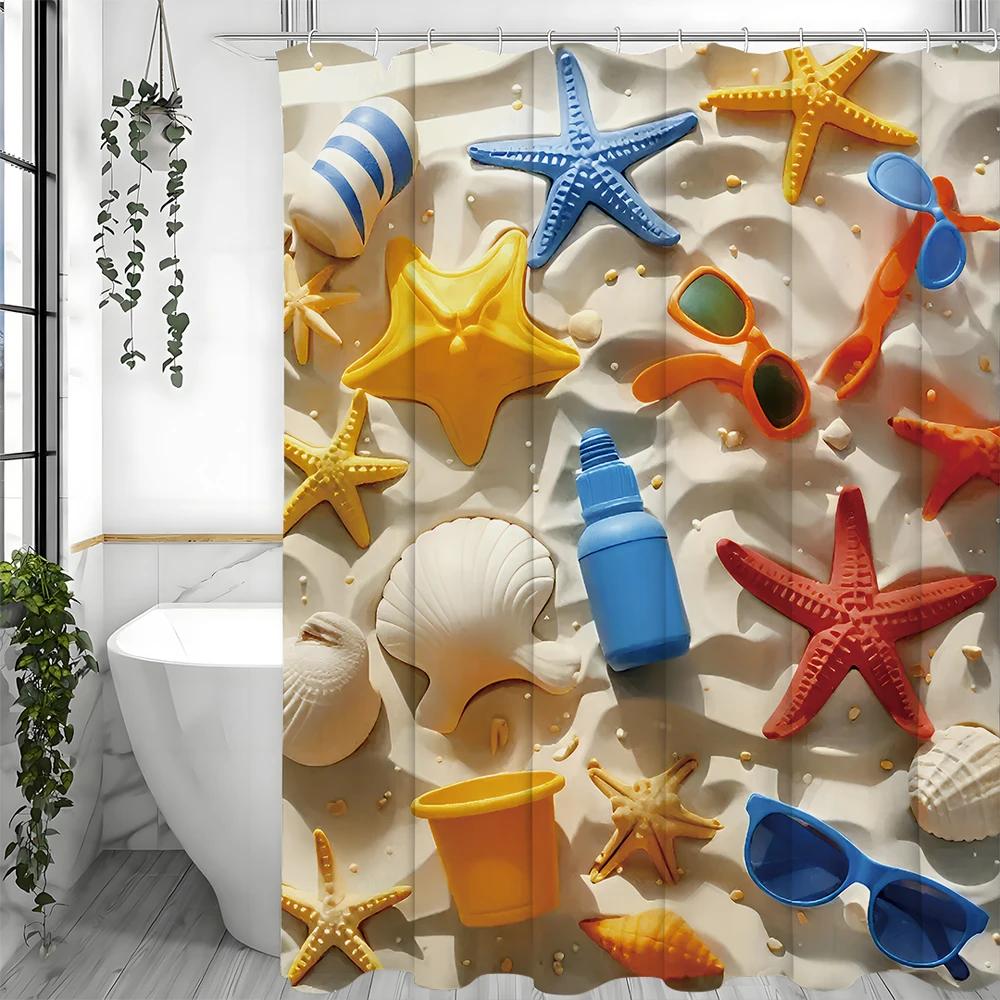 Beach Starfish Toys Sunglasses Shell Shower Curtain, Bathroom Decorative Shower Curtain, Waterproof Shower Curtain With Hooks