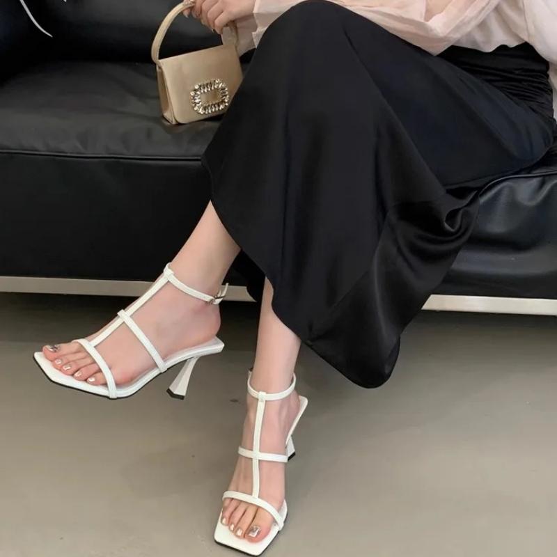 Women's Ankle Buckle High Heel Sandals Fashion Breathable Sexy Party Narrow Band Shoes Ladies Cross Strap Square Toe Pumps