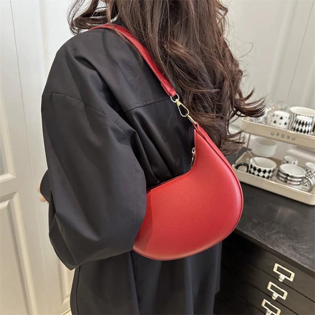Damen Mond-Schultertasche aus PU-Leder, Einfache einfarbige Unterarm-Clutch-Tasche, Modische lässige Handtasche