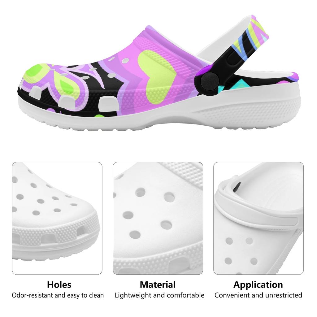 White EVA Clogs with Rainbow Feather Print, Lightweight Slip On Garden Shoes, Breathable Beach Sandals, Indoor Outdoor Slippers for Men Women