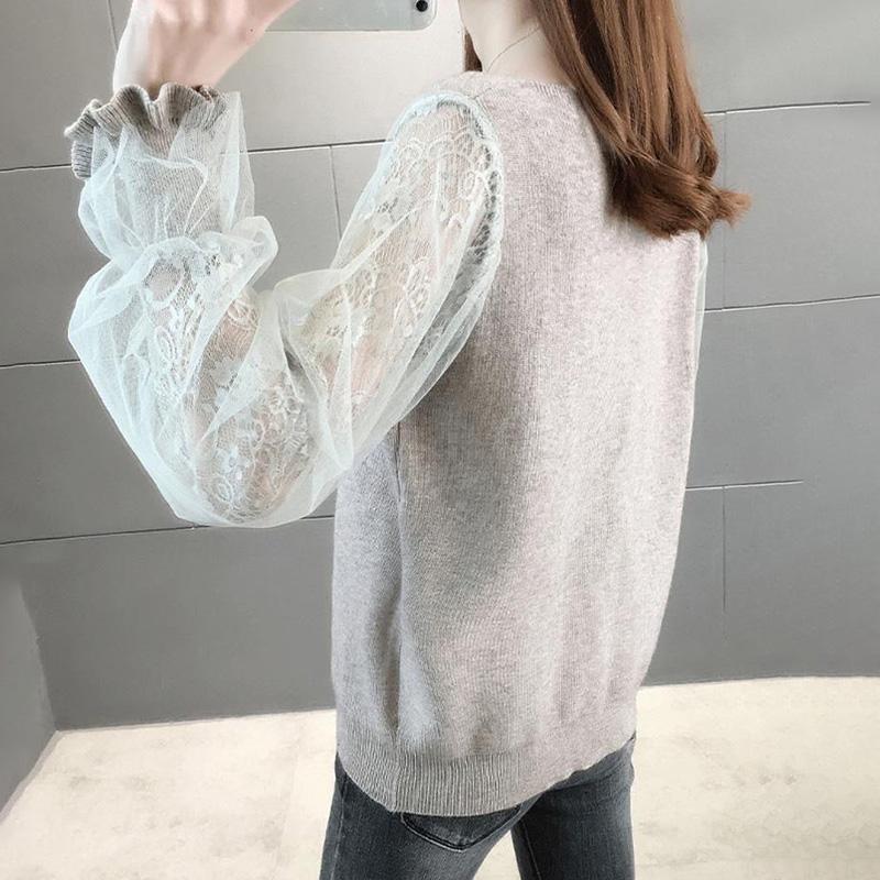 Tops for Women Cotton Shirts for Women Lace Sleeve V-Neck Base Layer Knit Top Long Sleeve Shirt Blouse Pullover Tops