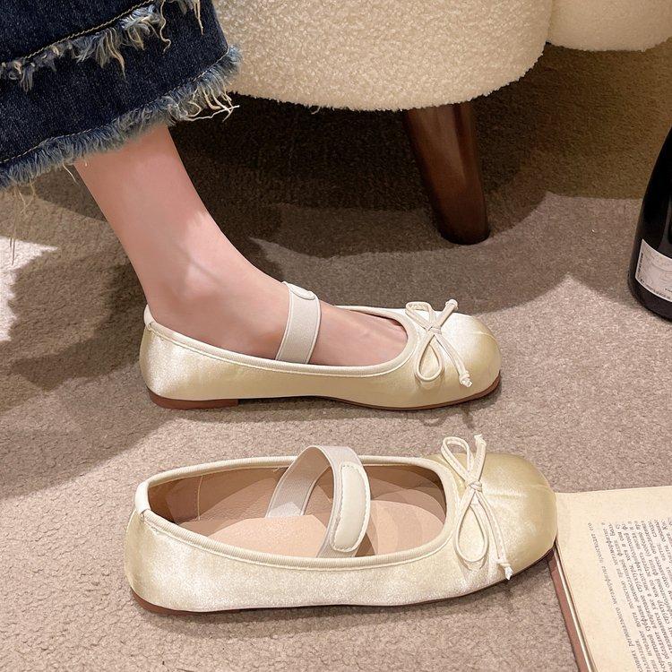 

Атласные балетки женские весна и лето 2025 новая бабочка французские одинарные туфли плоская подошва круглый носок туфли Мэри Джейн 40 абрикосовый