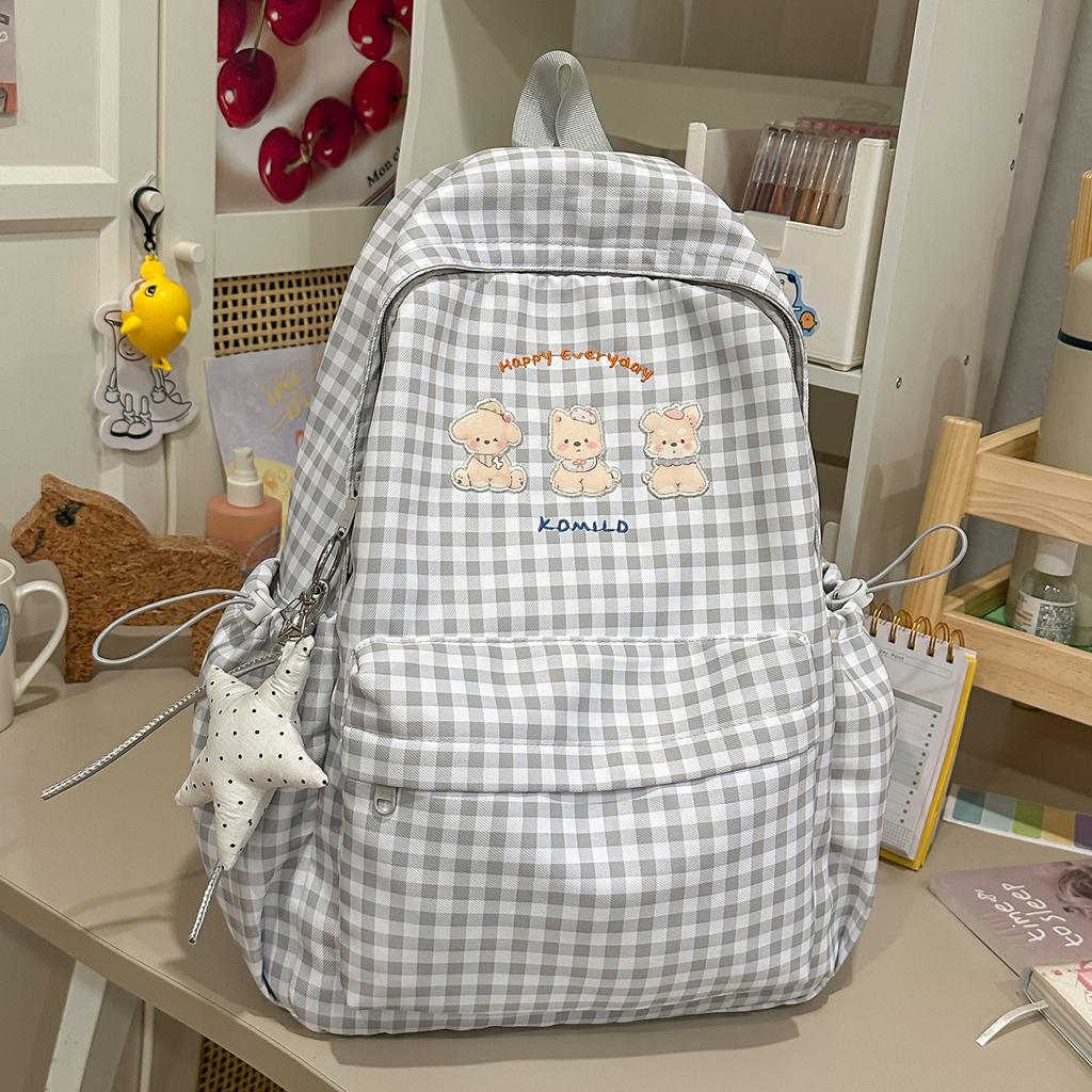 Schoolbag fog gray milk grid star embroidery backpack Japanese soft sister large capacity backpack junior high school girls fresh schoolbag