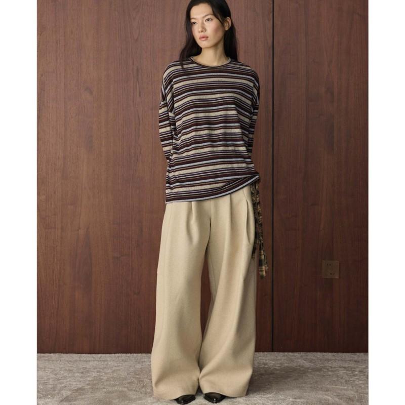 Johnature Autumn Winter Korean-style Simple Lazy Color-block Stripe Round Neck T-shirt Loose Comfortable Top For Women