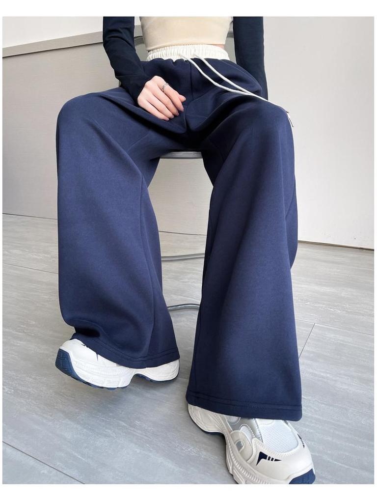 Damen High-Waist Marineblaue Kordelzug Weitbein-Sweathose - Amerikanischer Stil, Kontrastfarbe, Herbst-Freizeitkleidung