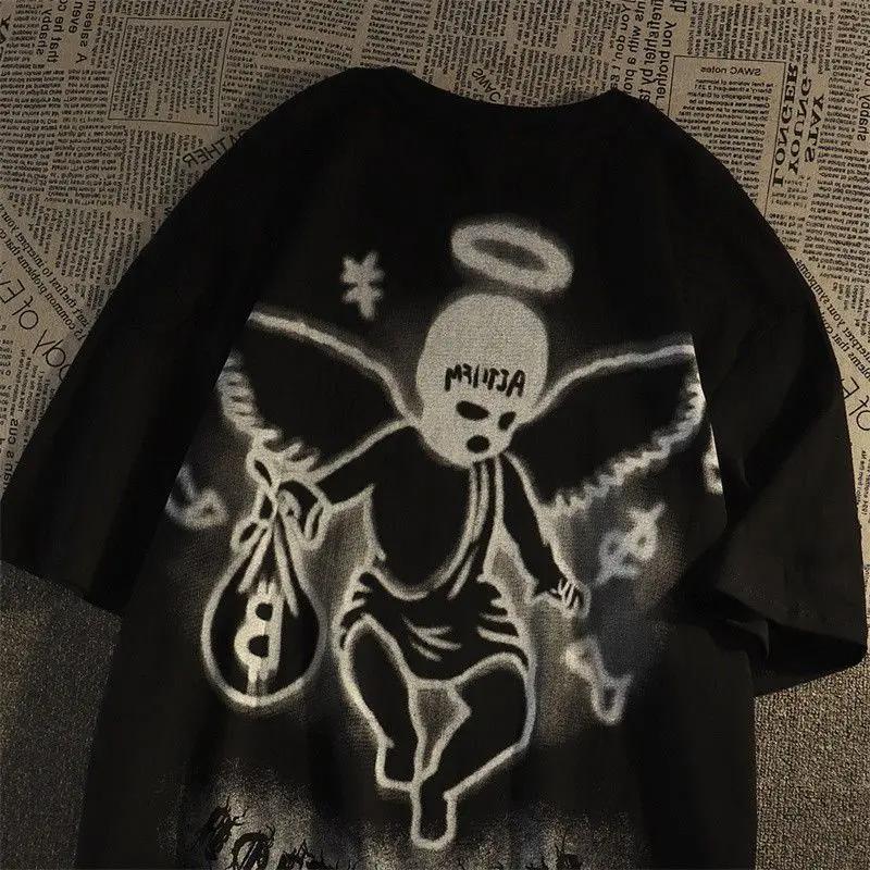 KPOP Hip Hop Oversize Móda Street Style Personalizované Malý Anděl Trendy Pánské a Dámské 2024 Léto Nové Tričko s Krátkým Rukávem