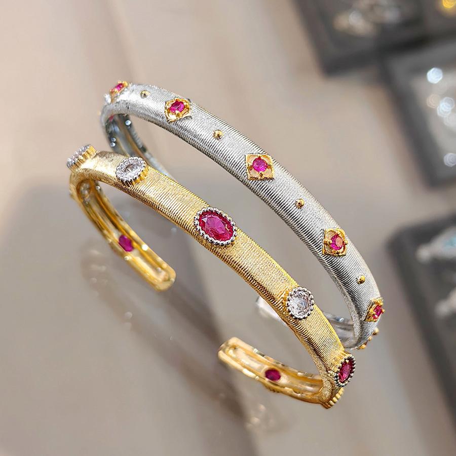 Italian Buccella Silk Craft Woven Gold Engraved Red Corundum Bracelet With Diamonds Two-Color Gold Ring Narrow Version Bracelet Women