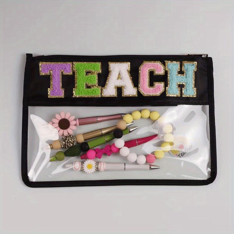 1pc Black Waterproof Transparent PVC Zipper Toiletry Makeup Pouch Personalized Embroidery Chenille Letter Patches Teach Letter Cosmetic Bag Pencil