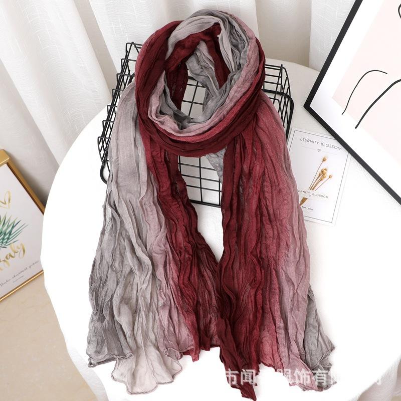 Contrast Color Cotton And Linen Wrinkled Scarf Female Literary And Artistic Fan Atmosphere Warm Silk Scarf Retro Gradual Change Color Scarf Shawl