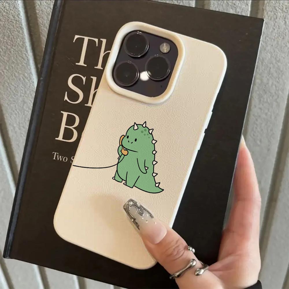 Adorable Talking Dinosaur Pair Couple Case For iPhone 17 Air 16 15 14 13 12 11 Pro Max Plus X Litchi Texture Protective Cover