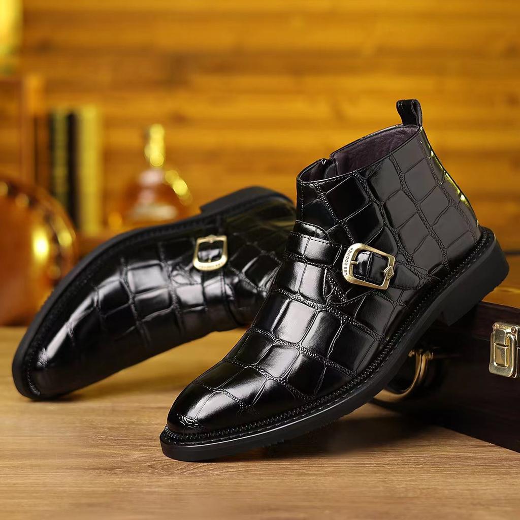 FashionBig Size Stone Pattern Casual Dress Boots for Men Fashion Autumn Winter Belt Buckle Leather Shoes Male Designer Ankle Boots Men