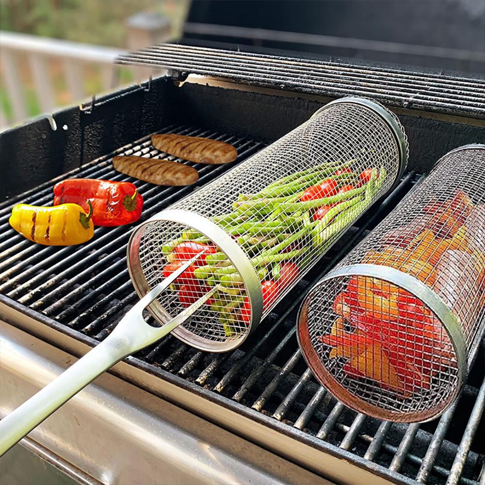 Round BBQ Basket Stainless Steel Rolling Grilling Basket Wire Mesh Cylinder Grill Basket Portable Outdoor Camping Barbecue Rack