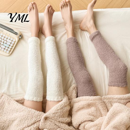 Elastic Thermal Leggings for Home Coral Fleece Leg Warmers Women, Thickened Winter Knee High Indoor Cold Weather Socks, Striped/Solid Color,