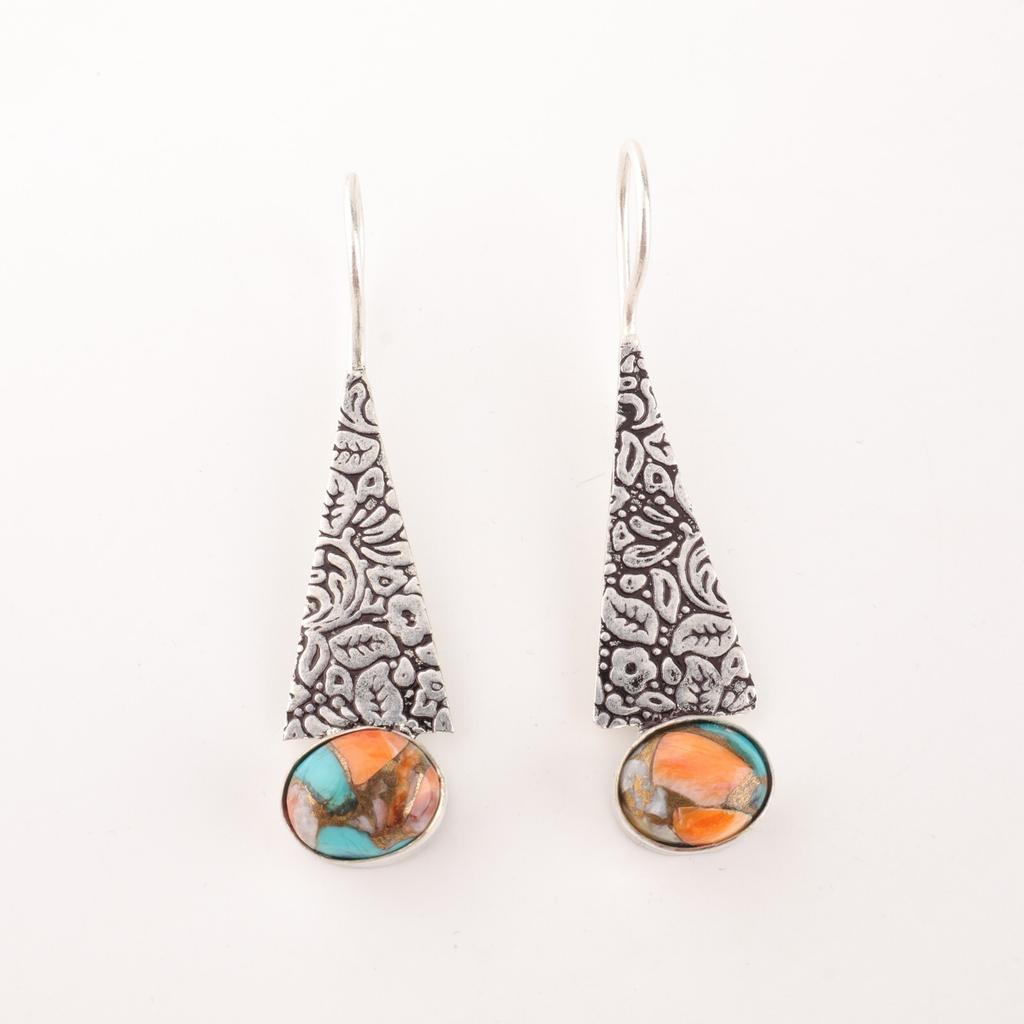 Natural Spiny Oyster Gemstone 925 Sterling Silver Jewelry Handmade Earrings 1.9" EE-165-45