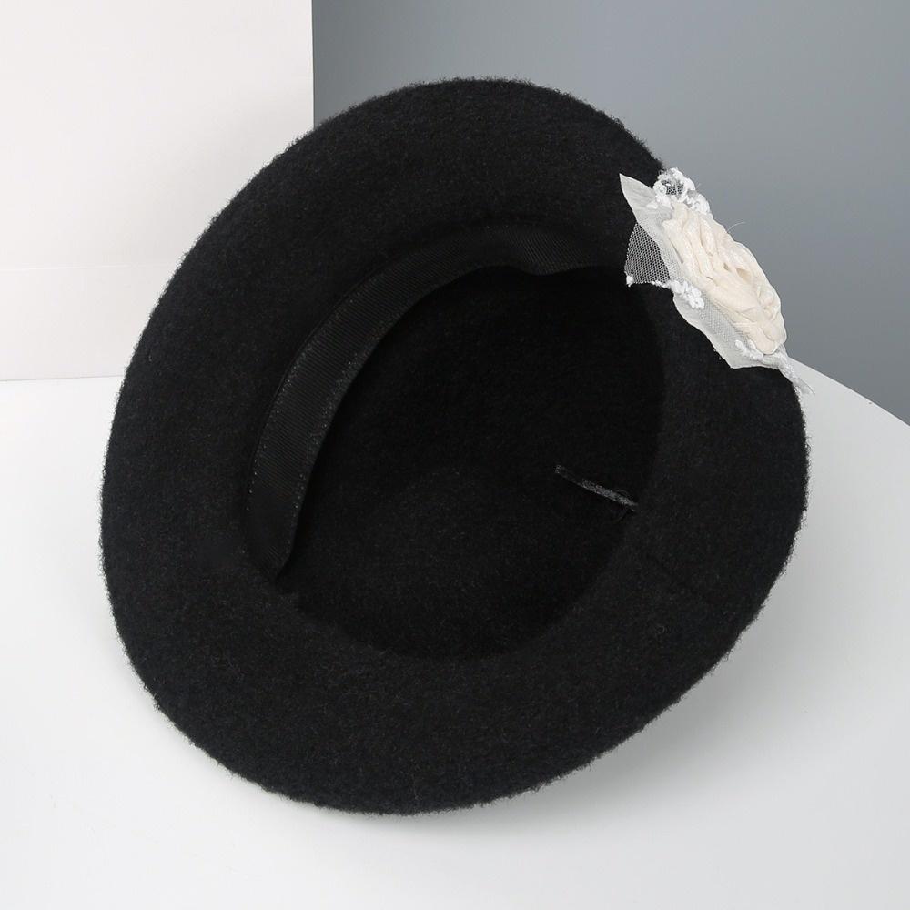 Floral Black Knitted Hat French Style Women Fisherman Hat Retro Hepburn Style Topper Hat Dinner