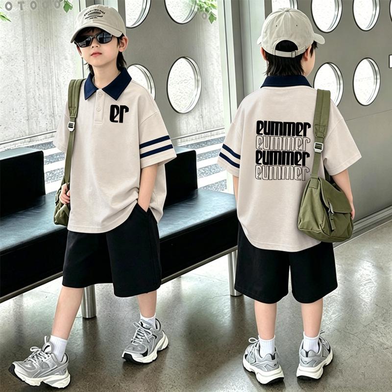 Boys' Korean Style Cotton Lapel T-Shirt & Shorts Set - Summer Casual Two-Piece Outfit for Medium and Large Children