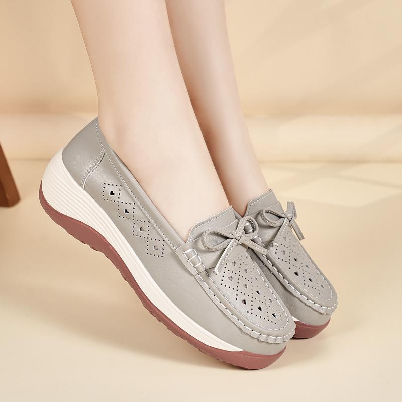 

Women Platform Loafers Grey Summer Hollow Casual Elegant Leather Shoes Thick Sole Height Increase Shoes 35 серый
