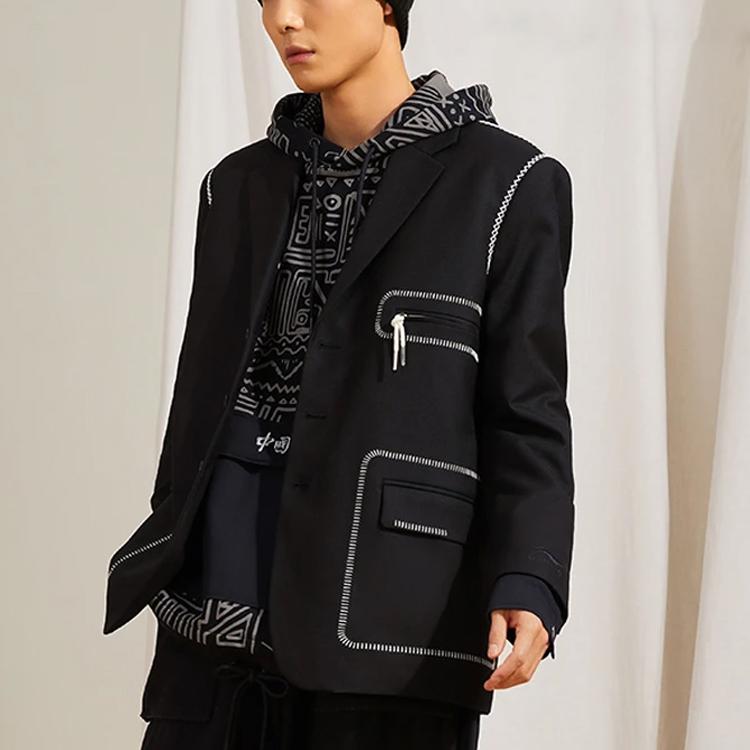 Li Ning Casual Lapel Multi-Pocket Suit Jacket Men Outerwear Black AFDR821-1