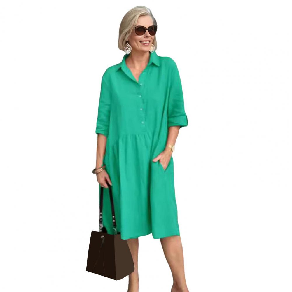 Dámské šaty A-line s límečkem Vintage Jednobarevné Kapsa Midi Šaty Volné Ležérní Letní Krátký Rukáv Šaty na Párty Cestování Buďte