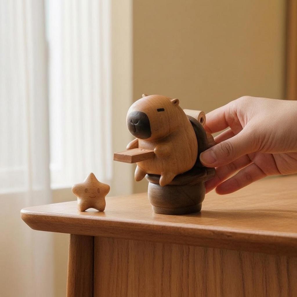 Wooden Capybara Figurine Beech Wood Handcrafted Tabletop Decor