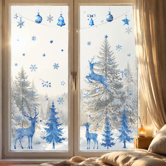 Seasonal Window Display Accents Watercolor Christmas Sticker, Non Adhesive Blue Elk Snowflake Tree Decals Wall Decal, Static Cling Removable