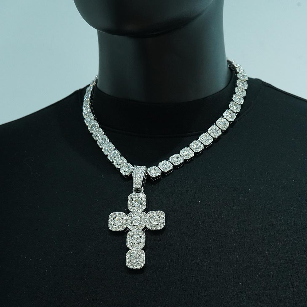 Wish Personality Big Diamond Cross With Cuban Chain Men'S And Women'S Pendant Hip Hop Rap Necklace