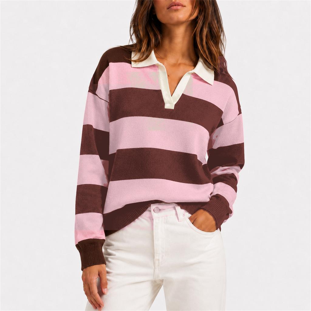 Women's Striped Knit Sweater with Collar for Casual Everyday