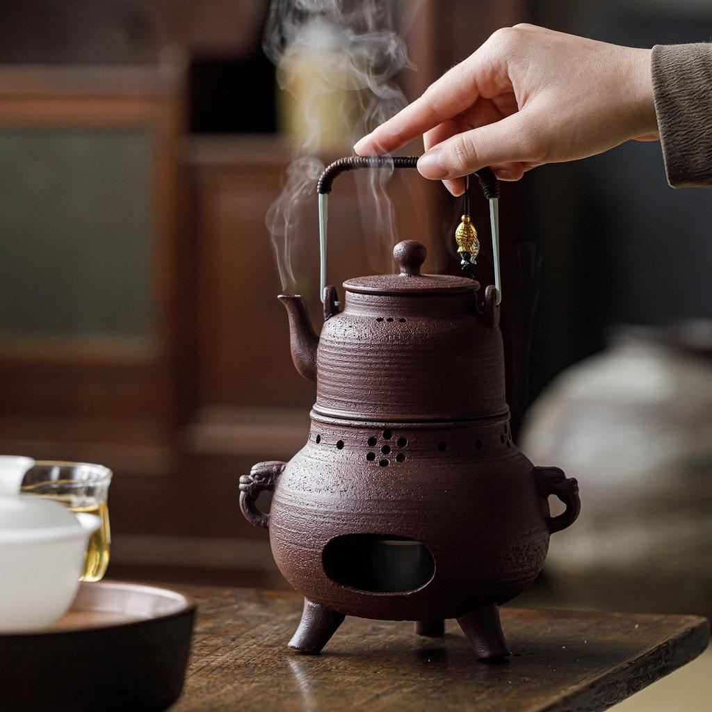 Guanlan Retro Coarse Pottery Tea Kettle Set with Alcohol Warmer for Outdoor Brewing