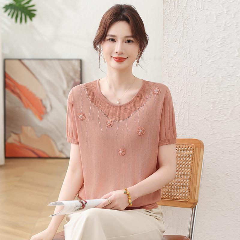 

Summer Ice Silk Lace Knit T-shirt for Moms - Loose, Stylish Short Sleeve Blouse 5XL (Recommended 75-82.5 kg)
