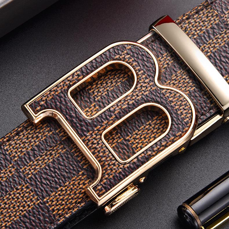 Pánský všestranný opasek z pravé kůže s automatickou kostkovanou sponou pro obchodní a volnočasové nošení