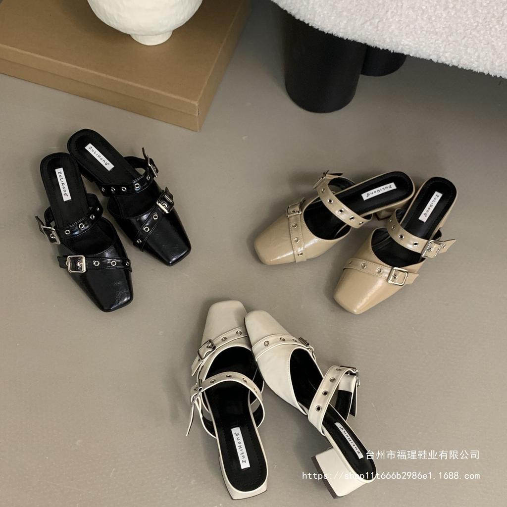 Design Sense Belt Buckle Bag Head Slippers Women's 2025 New Square Head Low Heel One Pedal Mueller Shoes Empty Half Drag