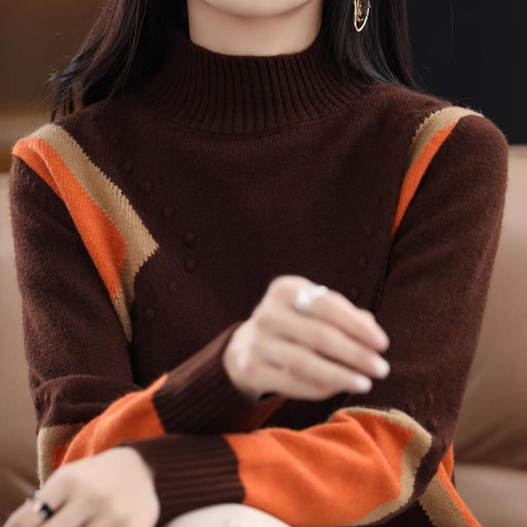Half Turtleneck Knitted Sweater for Women In Autumn and Winter Red Loose Long-sleeved Pullover Casual Sweater