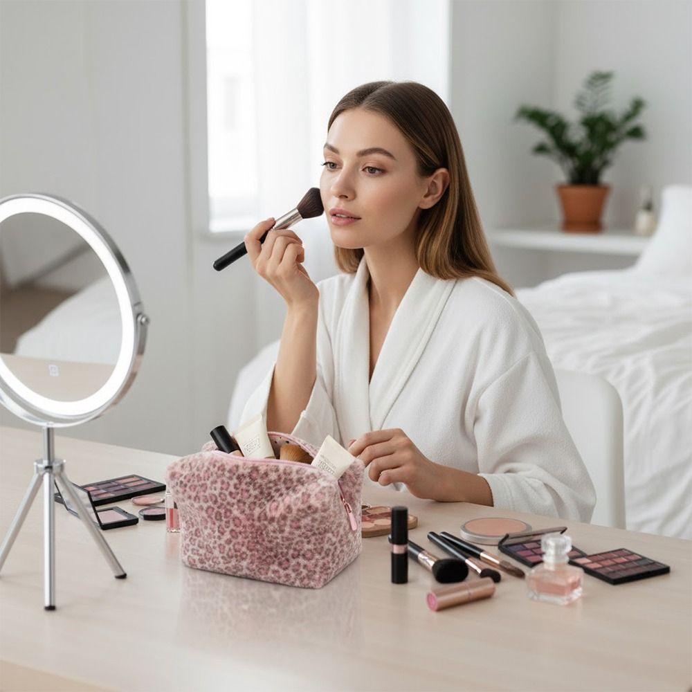 Durable Fuzzy Makeup Bag Large Capacity Leopard Print Cosmetic Bag Portable Travel Storage Pouch Women