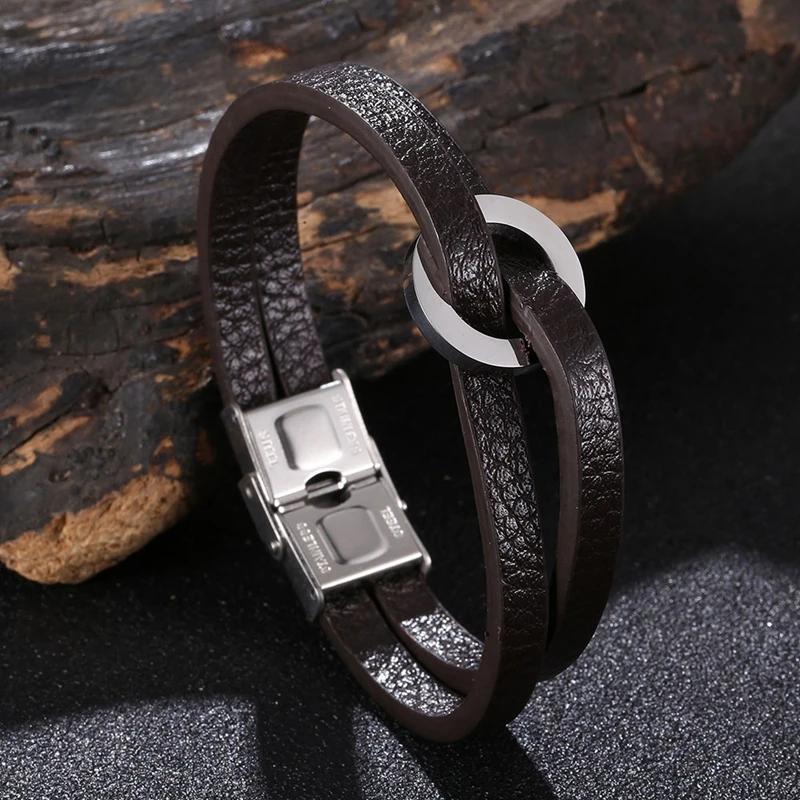 Fashion Double Layer Leather Hand Bracelet for Men Women Charm Stainless Steel Bangles Couples Jewelry Wristband Gift