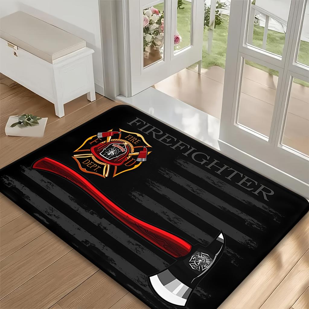 Firefighter Doormat Black Wood Grain Flannel Rug, Fire Department Emblem Non-Slip Machine Washable Door Carpet for Decor